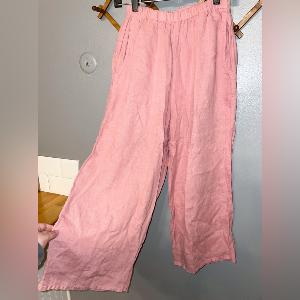 FLAX Lagenlook Light baby Pink Linen Wide Leg Pull On Capri Pants Pockets
